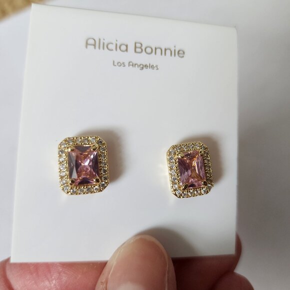 NWT Alicia Bonnie, "Aurora", Square Pink and Gold Stud Earrings - Picture 3 of 4